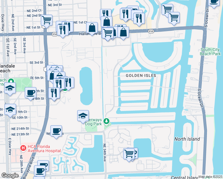 map of restaurants, bars, coffee shops, grocery stores, and more near 600 Layne Boulevard in Hallandale Beach