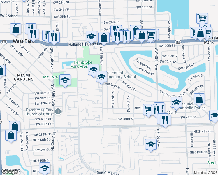 map of restaurants, bars, coffee shops, grocery stores, and more near 3601 Southwest 47th Avenue in West Park