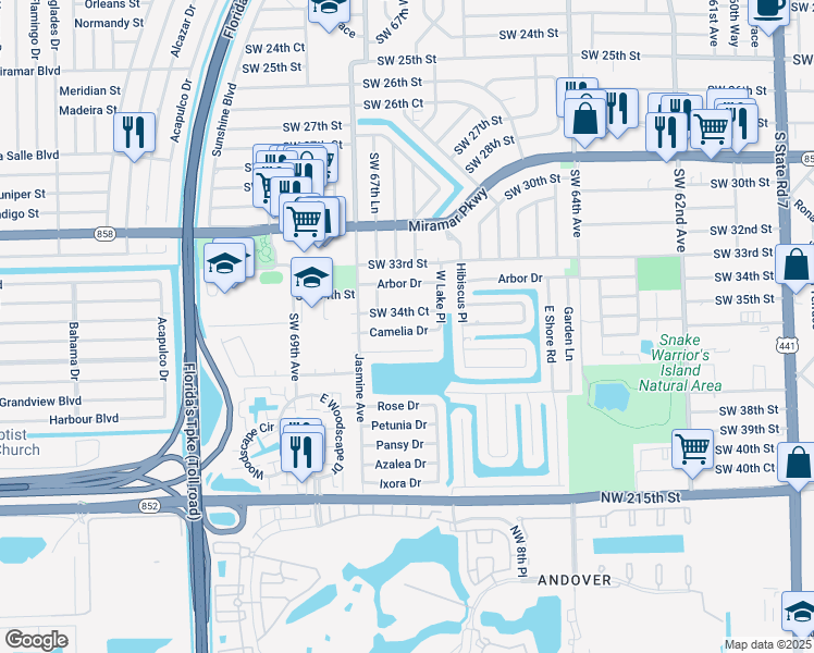 map of restaurants, bars, coffee shops, grocery stores, and more near 6737 Camelia Drive in Miramar