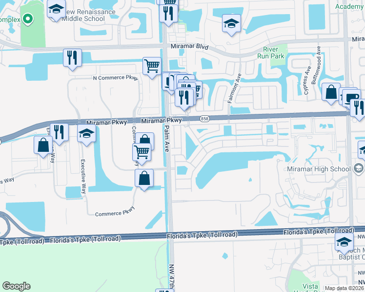 map of restaurants, bars, coffee shops, grocery stores, and more near 3421 Java Plum Avenue in Miramar