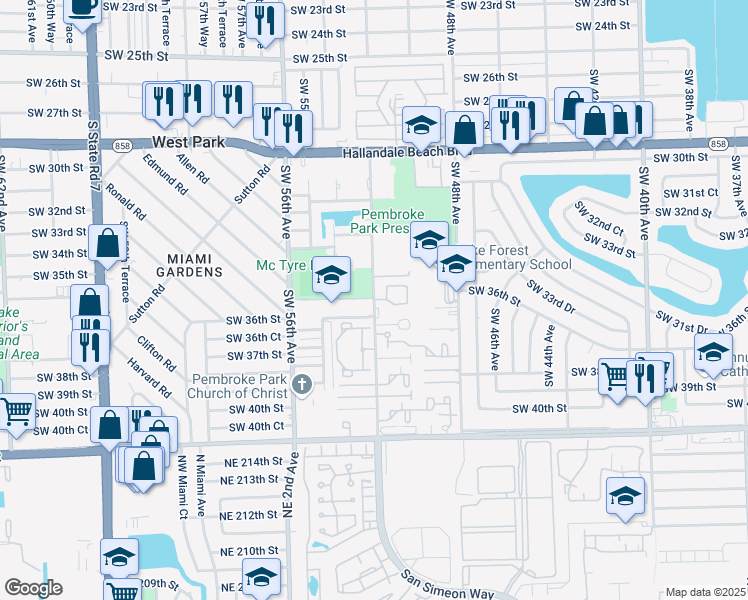 map of restaurants, bars, coffee shops, grocery stores, and more near 3549 Southwest 52nd Avenue in Pembroke Park