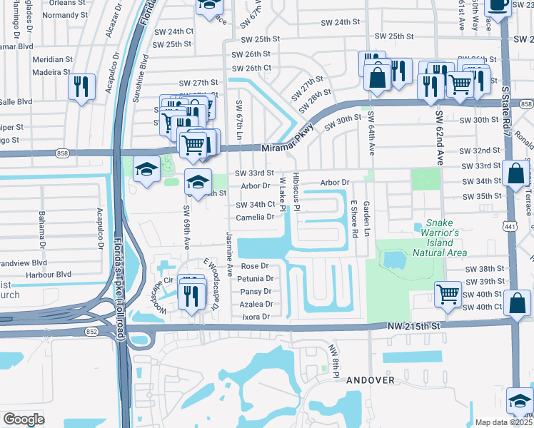 map of restaurants, bars, coffee shops, grocery stores, and more near 6737 Camelia Drive in Miramar