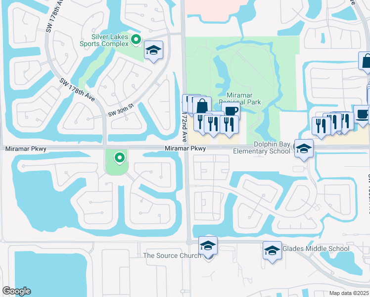 map of restaurants, bars, coffee shops, grocery stores, and more near Miramar Pkwy & SW 172nd Ave in Miramar