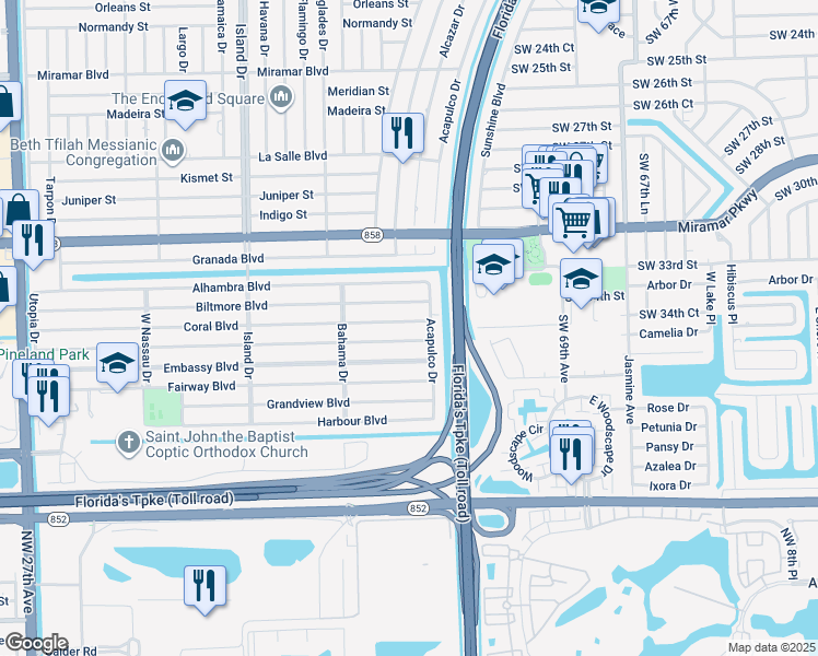 map of restaurants, bars, coffee shops, grocery stores, and more near 7150 Coral Boulevard in Miramar
