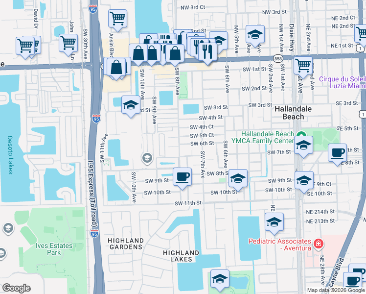 map of restaurants, bars, coffee shops, grocery stores, and more near 602 Southwest 8th Avenue in Hallandale Beach