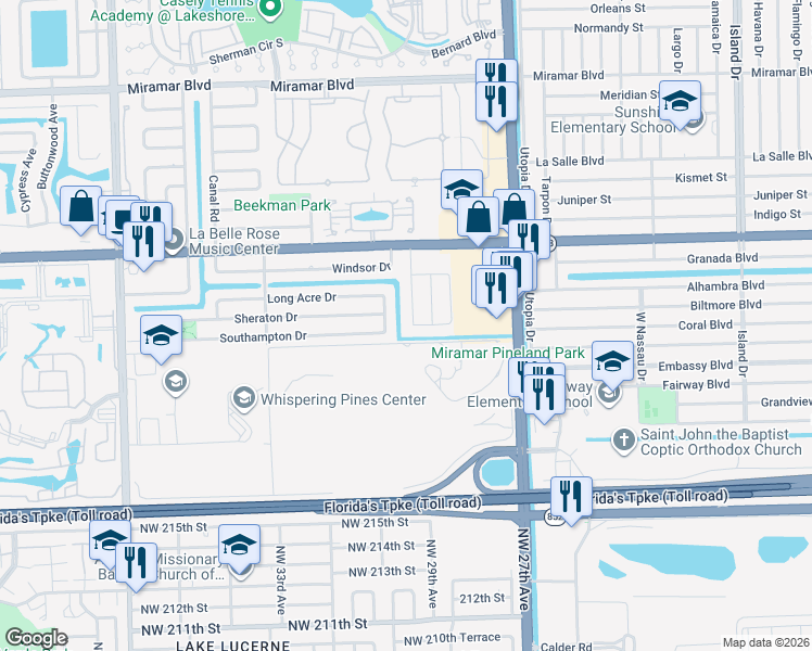 map of restaurants, bars, coffee shops, grocery stores, and more near 3408 Knolls Road in Miramar