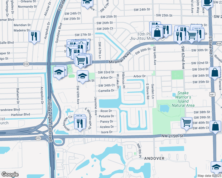 map of restaurants, bars, coffee shops, grocery stores, and more near 6737 Camelia Drive in Miramar