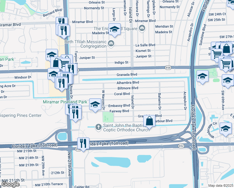 map of restaurants, bars, coffee shops, grocery stores, and more near 7764 Coral Boulevard in Miramar
