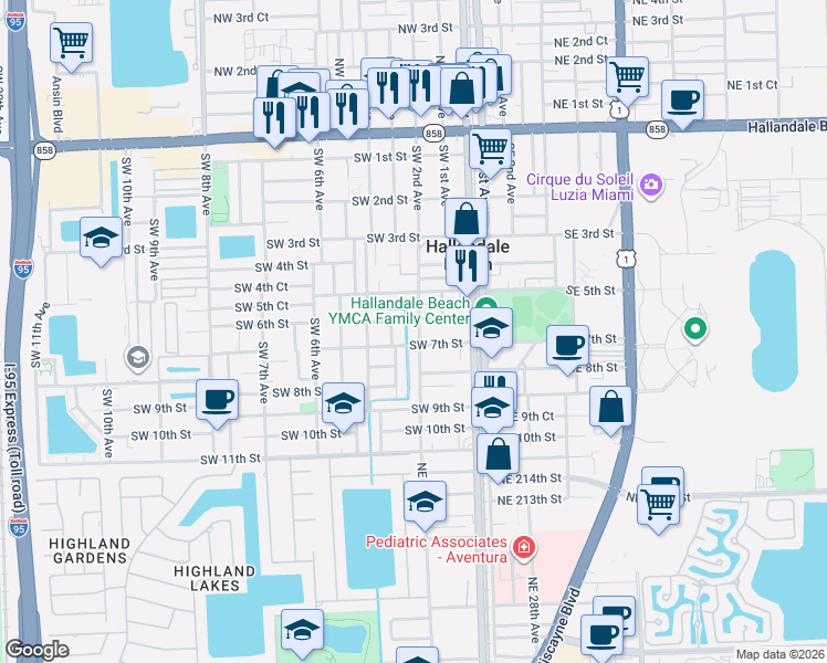 map of restaurants, bars, coffee shops, grocery stores, and more near 609 Southwest 3rd Avenue in Hallandale Beach