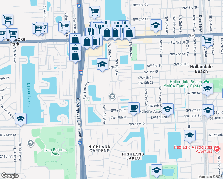 map of restaurants, bars, coffee shops, grocery stores, and more near 117 Atlantic Avenue in Hallandale Beach