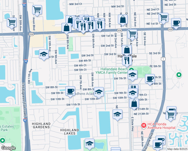 map of restaurants, bars, coffee shops, grocery stores, and more near 607 Southwest 6th Avenue in Hallandale Beach