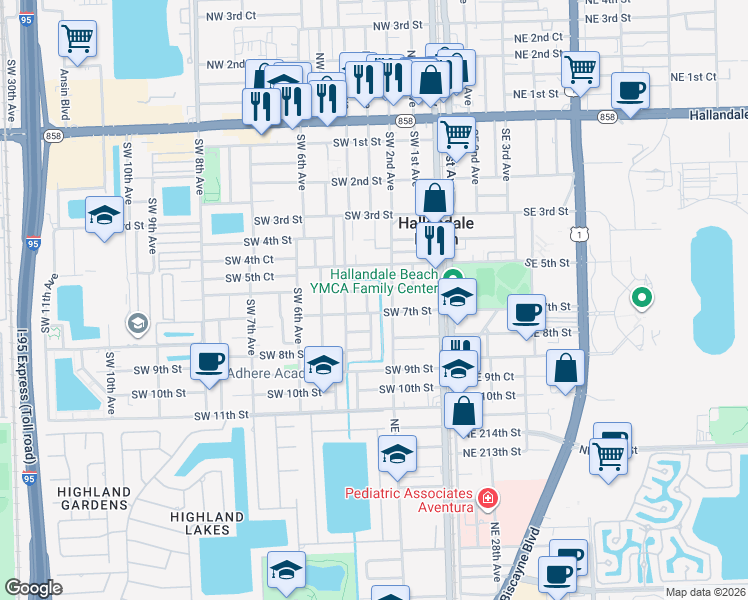 map of restaurants, bars, coffee shops, grocery stores, and more near 609 Southwest 3rd Avenue in Hallandale Beach