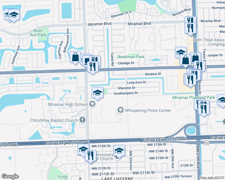 map of restaurants, bars, coffee shops, grocery stores, and more near 8706 Sheraton Drive in Miramar