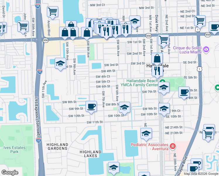 map of restaurants, bars, coffee shops, grocery stores, and more near 631 Southwest 6th Street in Hallandale Beach