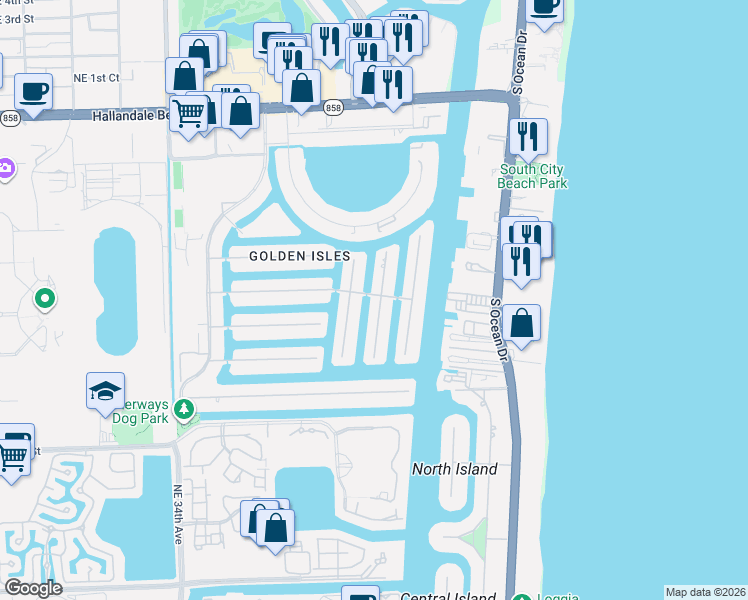 map of restaurants, bars, coffee shops, grocery stores, and more near 600 Hibiscus Drive in Hallandale Beach