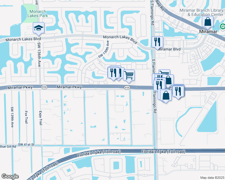 map of restaurants, bars, coffee shops, grocery stores, and more near 12798 Old Miramar Parkway in Miramar