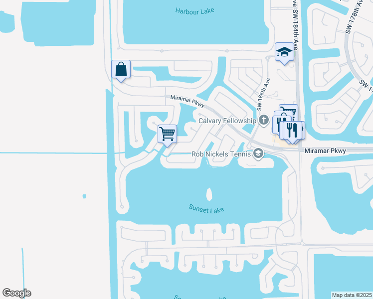 map of restaurants, bars, coffee shops, grocery stores, and more near 18921 Southwest 32nd Court in Miramar
