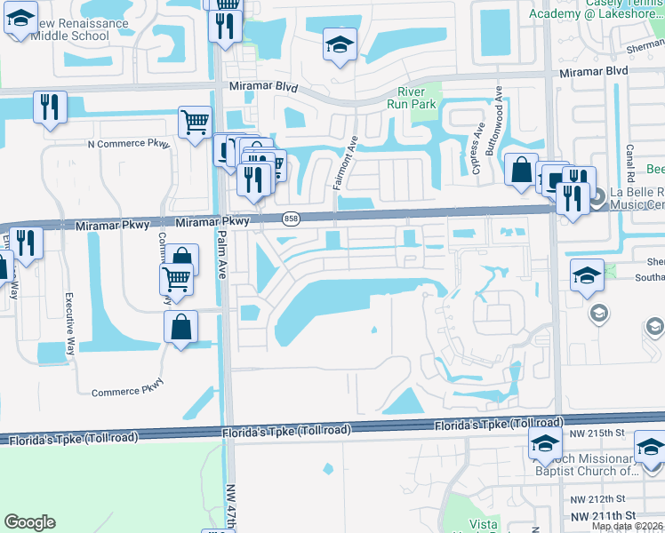 map of restaurants, bars, coffee shops, grocery stores, and more near 9741 West Daffodil Lane in Miramar
