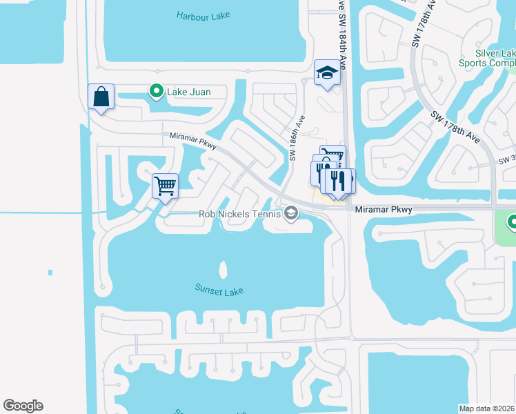 map of restaurants, bars, coffee shops, grocery stores, and more near 3101 Southwest 186th Terrace in Miramar