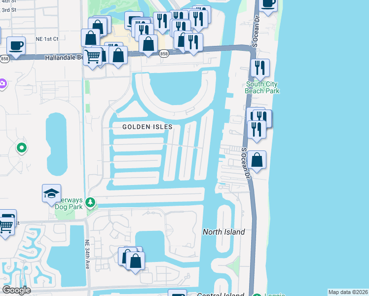 map of restaurants, bars, coffee shops, grocery stores, and more near 600 Hibiscus Drive in Hallandale Beach
