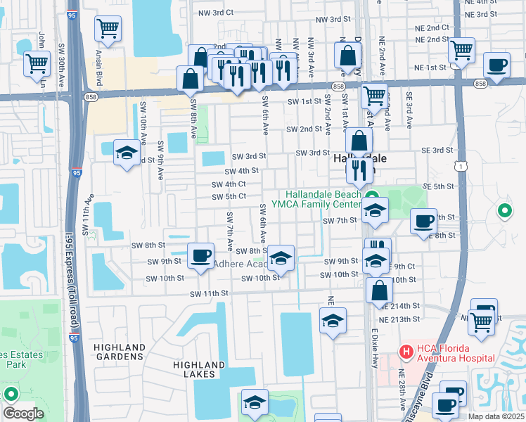 map of restaurants, bars, coffee shops, grocery stores, and more near 607 Southwest 6th Avenue in Hallandale Beach