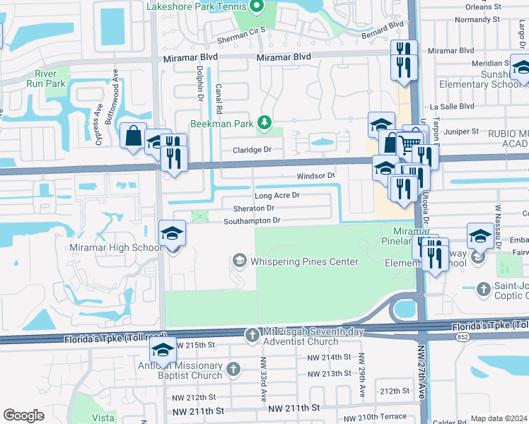 map of restaurants, bars, coffee shops, grocery stores, and more near 8532 Sheraton Drive in Miramar