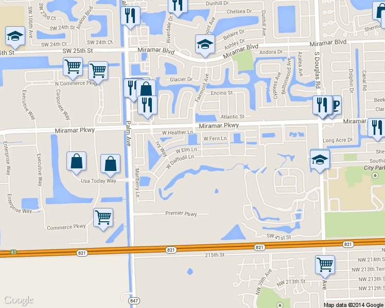 map of restaurants, bars, coffee shops, grocery stores, and more near 9741 West Daffodil Lane in Miramar