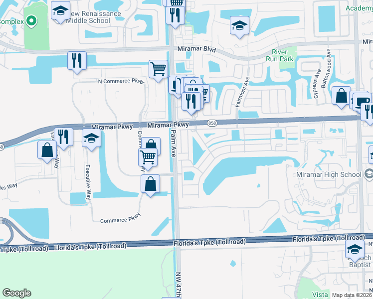 map of restaurants, bars, coffee shops, grocery stores, and more near 3421 Java Plum Avenue in Miramar