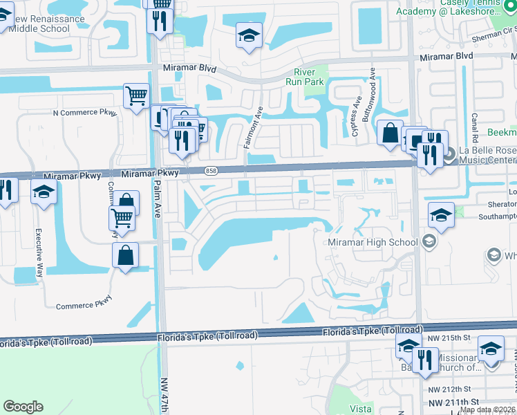 map of restaurants, bars, coffee shops, grocery stores, and more near 9631 West Daffodil Lane in Miramar