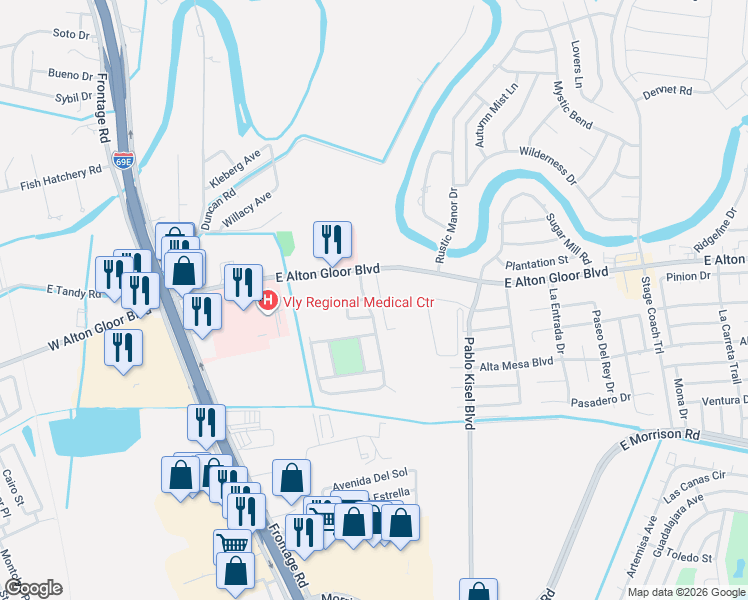 map of restaurants, bars, coffee shops, grocery stores, and more near 165 Windwood Way in Brownsville