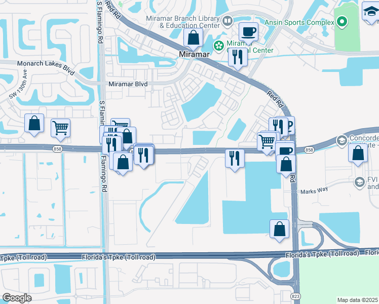 map of restaurants, bars, coffee shops, grocery stores, and more near in Miramar