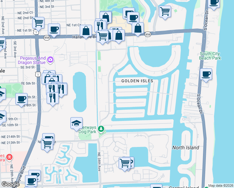 map of restaurants, bars, coffee shops, grocery stores, and more near 485 Sunset Drive in Hallandale Beach