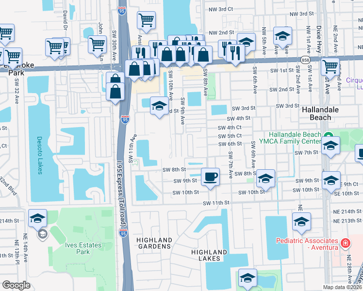 map of restaurants, bars, coffee shops, grocery stores, and more near Bedford Avenue in Hallandale Beach