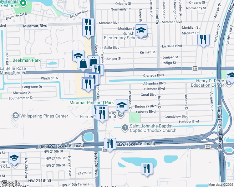 map of restaurants, bars, coffee shops, grocery stores, and more near 7845 Coral Boulevard in Miramar