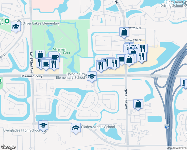 map of restaurants, bars, coffee shops, grocery stores, and more near Southwest 164th Avenue in Miramar