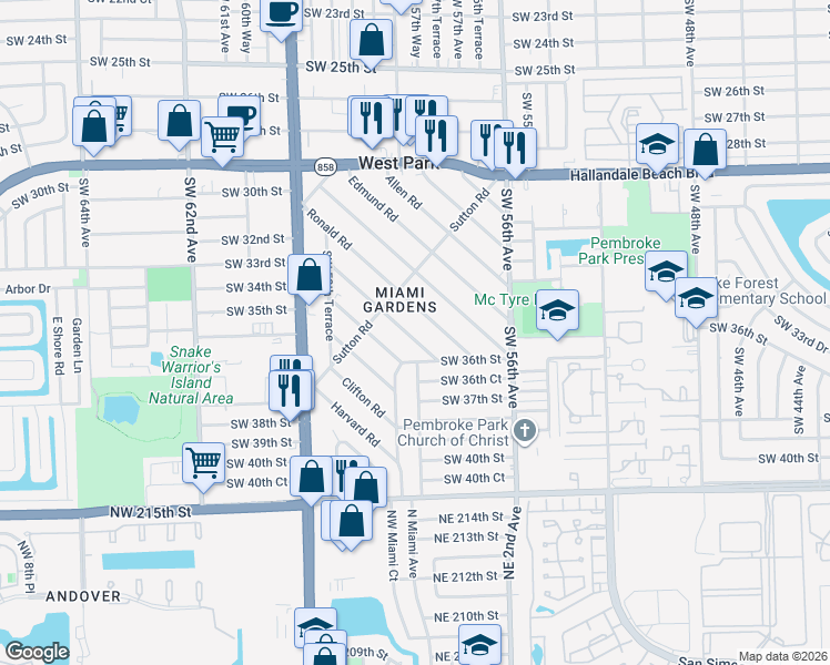 map of restaurants, bars, coffee shops, grocery stores, and more near 115 Virginia Road in West Park
