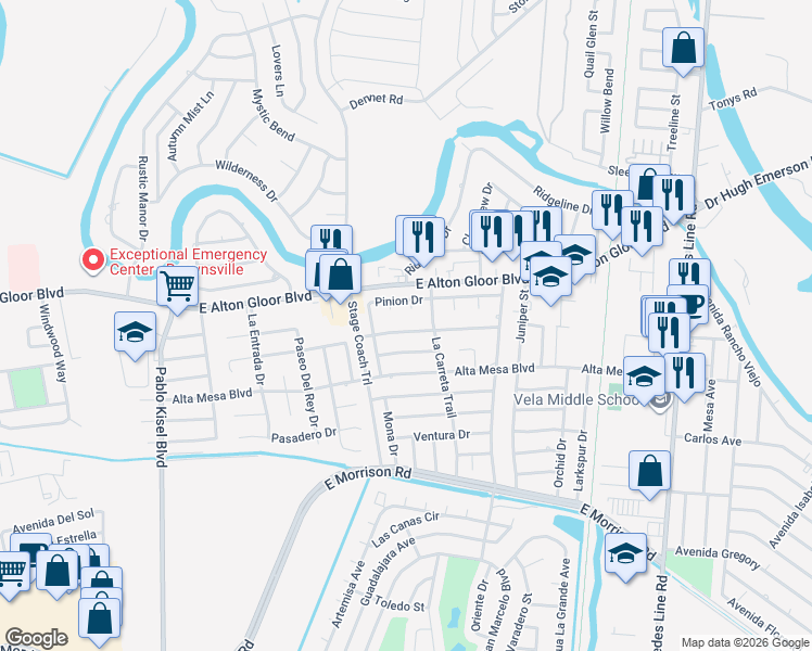 map of restaurants, bars, coffee shops, grocery stores, and more near 1451 Codorniz Drive in Brownsville