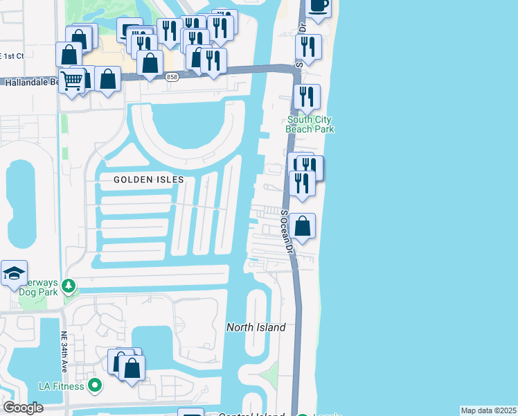 map of restaurants, bars, coffee shops, grocery stores, and more near 2081 South Ocean Drive in Hallandale Beach