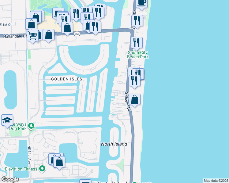 map of restaurants, bars, coffee shops, grocery stores, and more near 2081 South Ocean Drive in Hallandale Beach