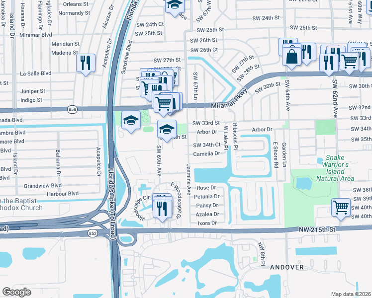 map of restaurants, bars, coffee shops, grocery stores, and more near 6773 Camelia Drive in Miramar