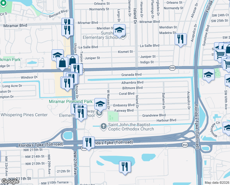 map of restaurants, bars, coffee shops, grocery stores, and more near 7764 Coral Boulevard in Miramar