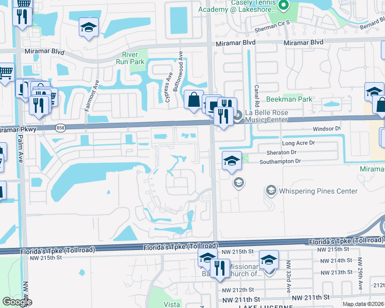 map of restaurants, bars, coffee shops, grocery stores, and more near 9077 Southwest 34th Court in Miramar