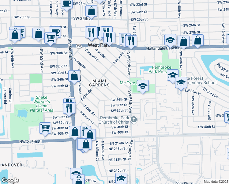map of restaurants, bars, coffee shops, grocery stores, and more near 125 Ronald Road in West Park
