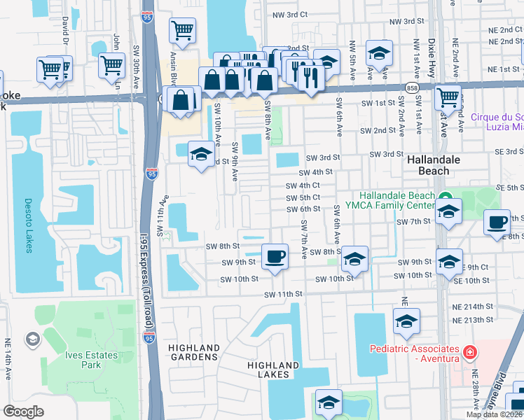 map of restaurants, bars, coffee shops, grocery stores, and more near 825 Southwest 6th Street in Hallandale Beach