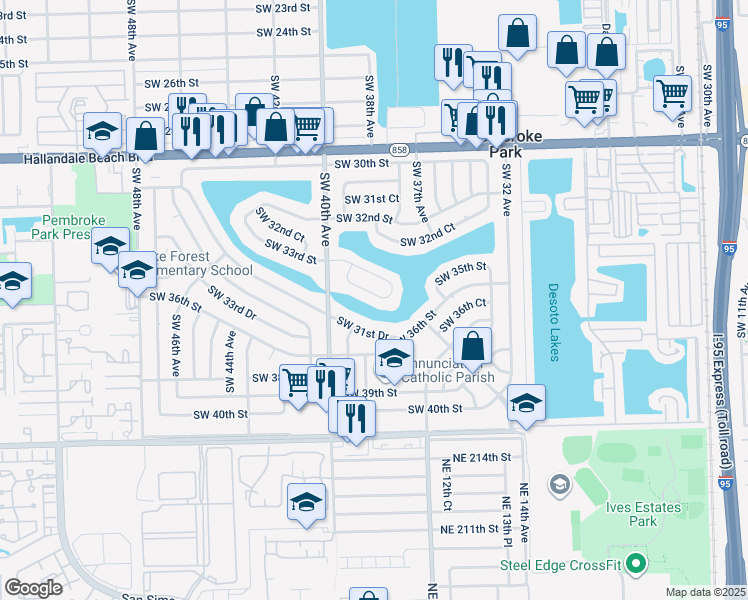 map of restaurants, bars, coffee shops, grocery stores, and more near 3832 Southwest 33rd Court in West Park