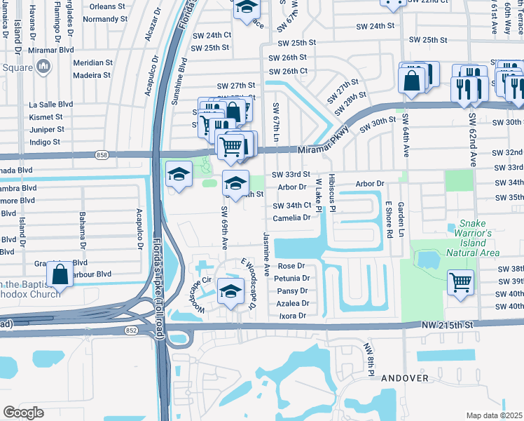 map of restaurants, bars, coffee shops, grocery stores, and more near 6773 Camelia Drive in Miramar