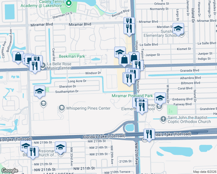 map of restaurants, bars, coffee shops, grocery stores, and more near 3408 Knolls Road in Miramar