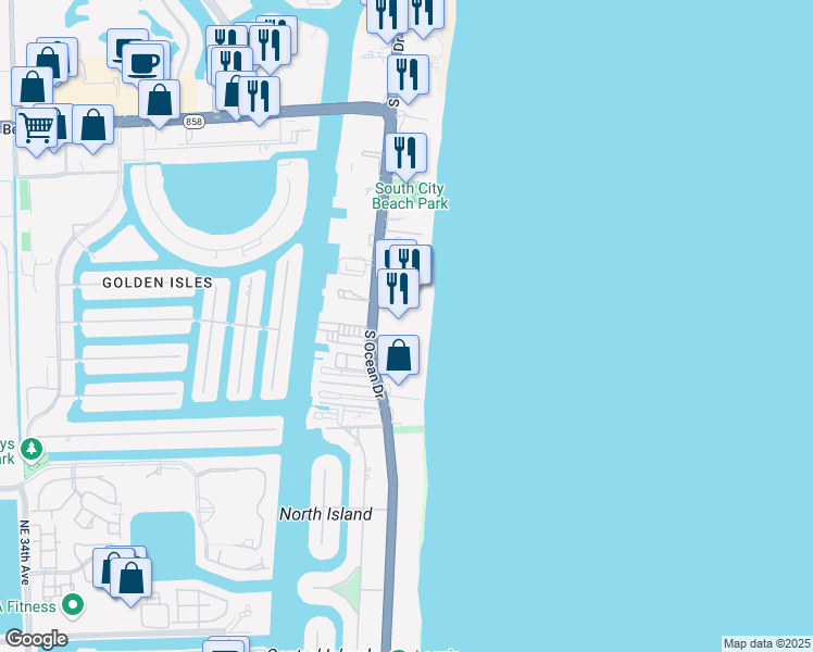 map of restaurants, bars, coffee shops, grocery stores, and more near 2030 South Ocean Drive in Hallandale Beach