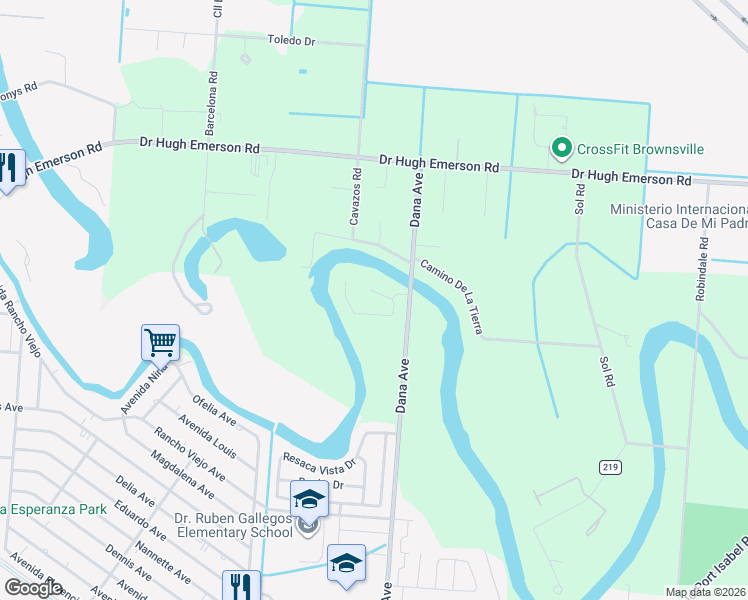 map of restaurants, bars, coffee shops, grocery stores, and more near Brisas Avenue in Brownsville