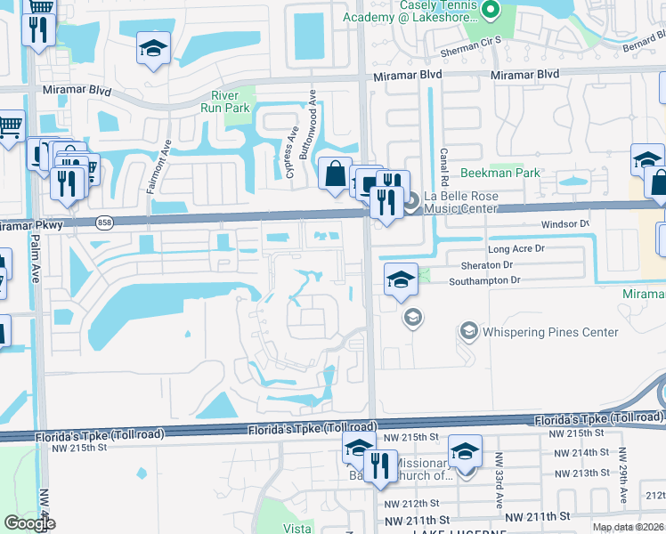 map of restaurants, bars, coffee shops, grocery stores, and more near 9077 Southwest 34th Court in Miramar
